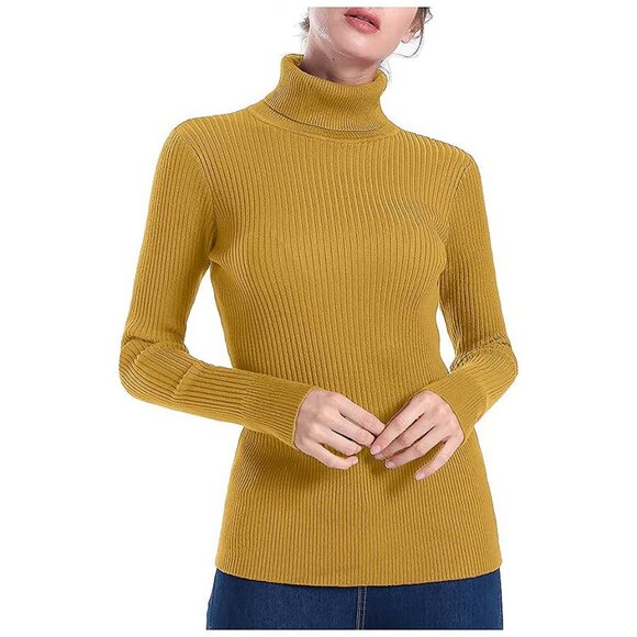 Women's Turtleneck Ribbed Long Sleeve Sweater Pullover Tops Yellow